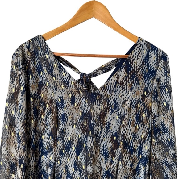 MSK Chiffon Shift Dress V-neck Elastic Cuff Long Sleeves Blue Gold Women's Med - Picture 2 of 11